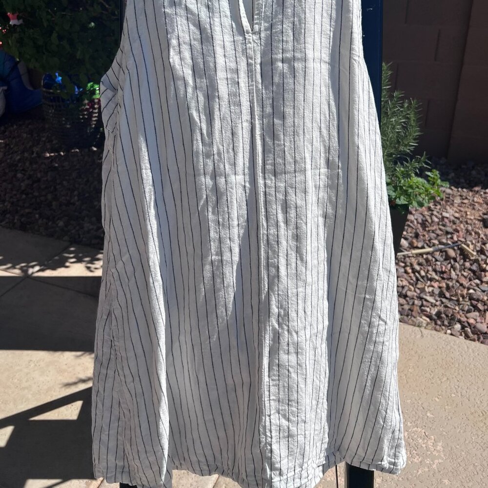 SZL White ivory black pinstripe linen tank dress. wide neck. - Picture 6 of 7